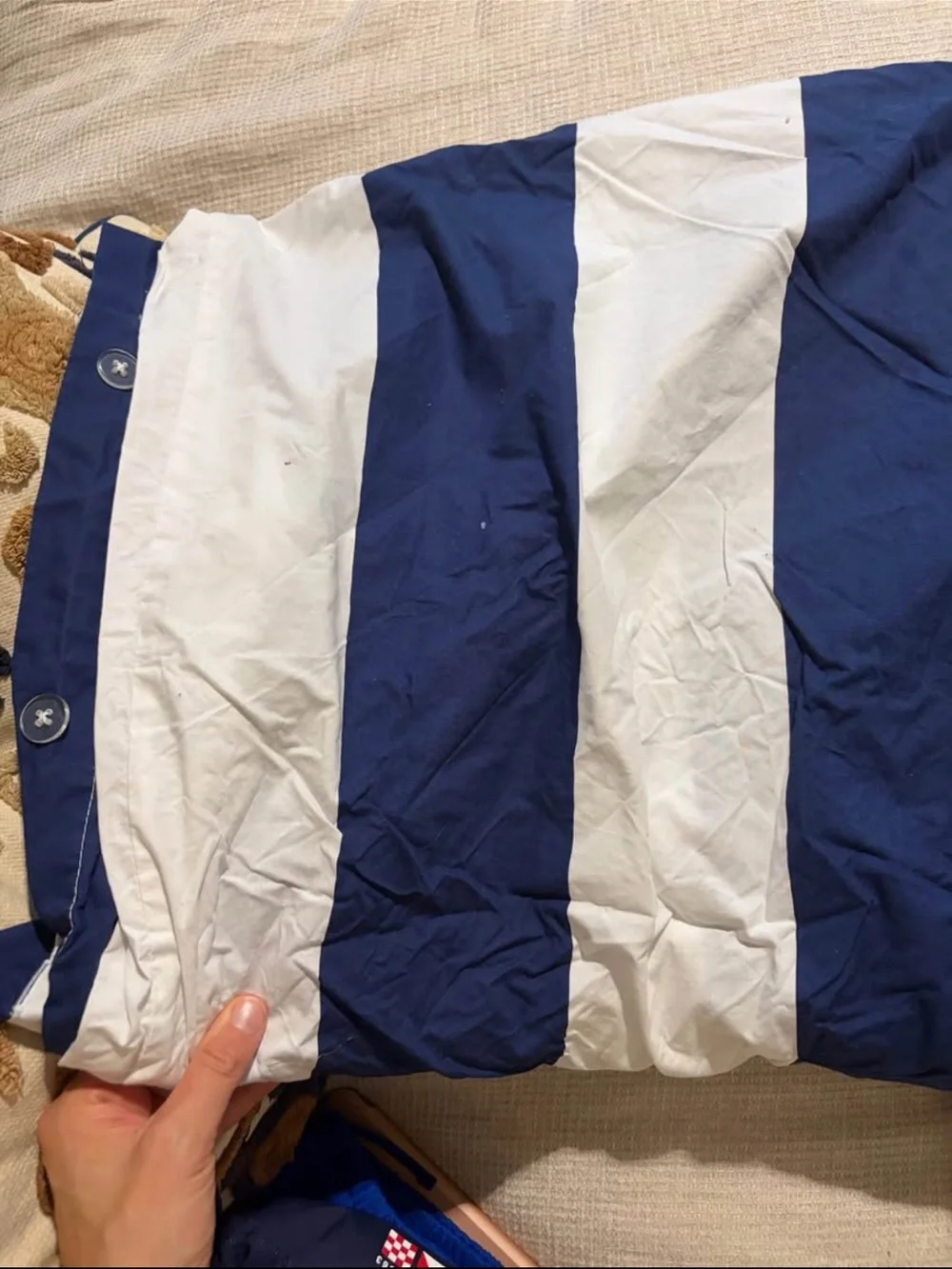 Pottery Barn Kids set of two navy and white stripe duvet covers with shams